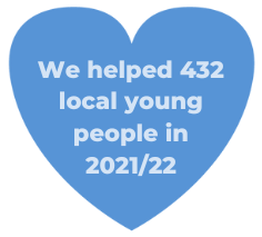 A blue heart that reads: We helped 432 local young people in 2021/22