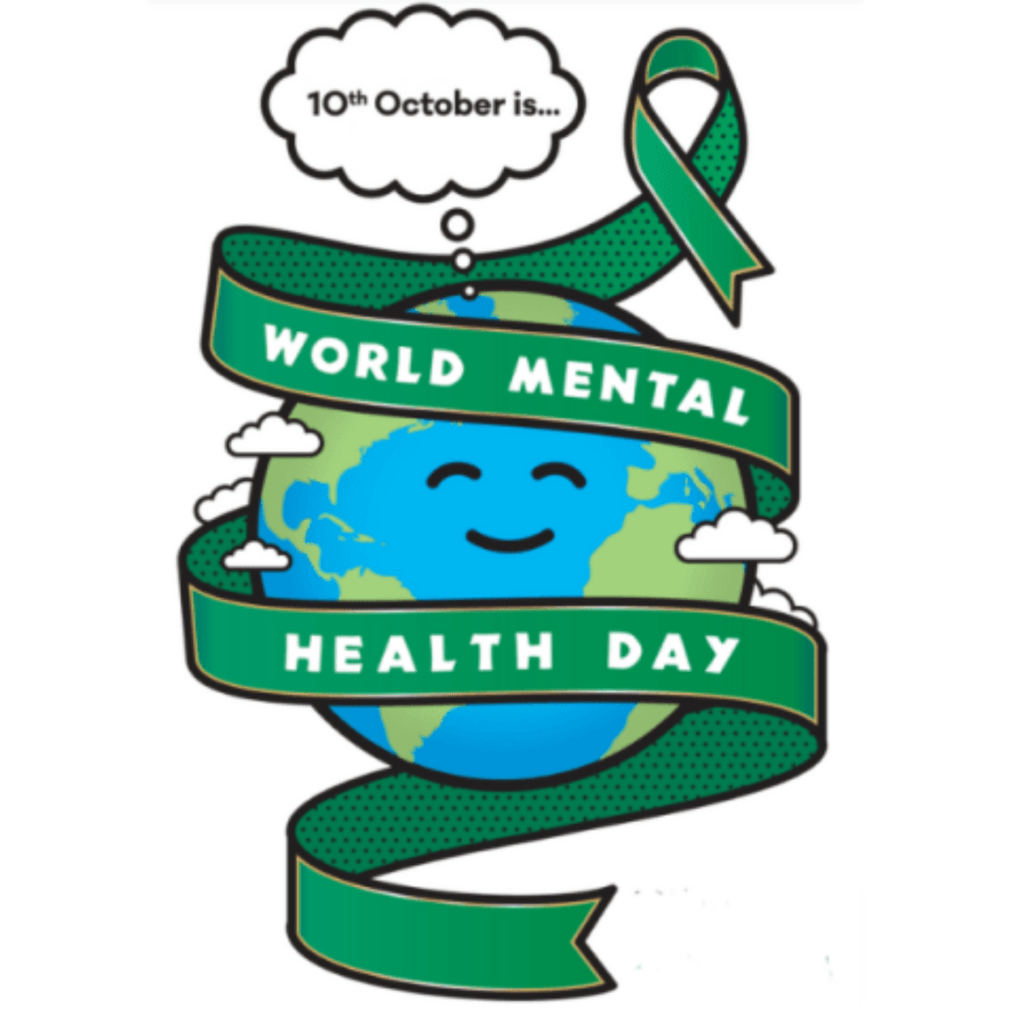 A cartoon of the earth with a thought bubble reading '10th October is...' and a ribbon that states 'World Mental Health Day'.
