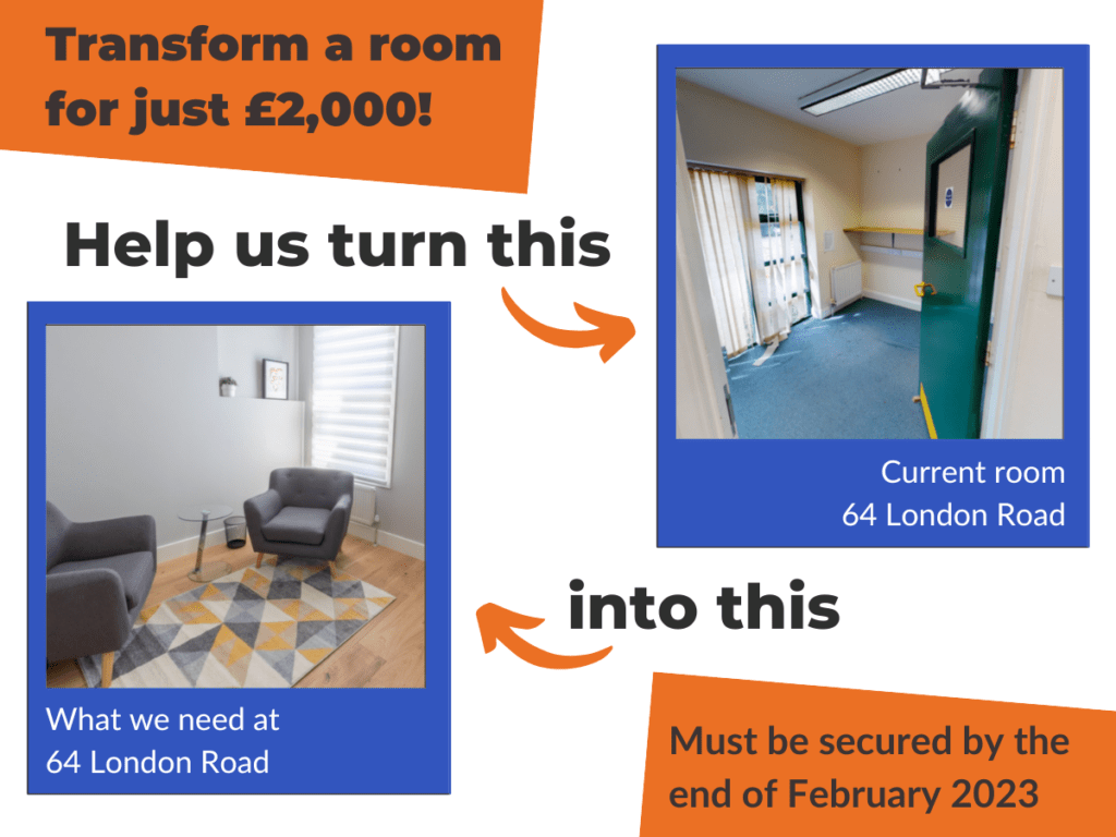 Picture showing how the therapy rooms in our new home currently look and another showing how we need them to look. The accompanying text reads: 'Transform a room for just £2,000. Help us turn, this into this. Must be secured by the end of February 2023.'