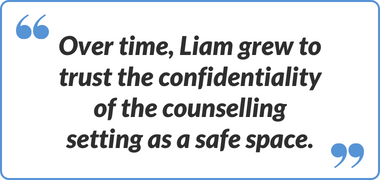 A pull-out quote from 'Liam's Story' that reads: "Over time, Liam grew to trust the confidentiality of the counselling setting as a safe space."