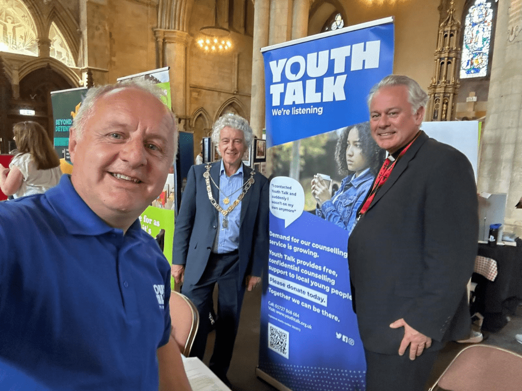A selfie of the Chief Executive of Youth Talk with the Mayor of St Albans and Rev Will Gibbs at the St Albans Cathedral's June Community Showcase.